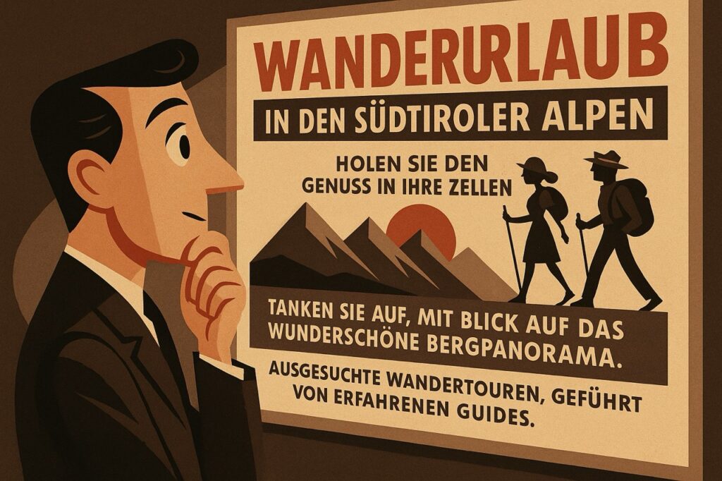 Hamsterrad im Alltag. Hubert steht vor dem Plakt mit der Werbung eines Wanderurlaubs - Veränderung steht vor der Tür..
