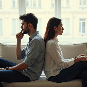 Ein Paar sitzt Rücken an Rücken auf einer Couch. Sie wirken sehr Nachdenklich. Vielleicht fragen sie sich, wieso ist es dazu gekommen? Oder, „Wie können wir nur unsere Muster verändern?“ . Vielleicht auch, „Wieso drehen wir uns immer im Kreis?"