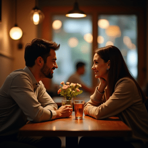 Ein Paar praktiziert, freundlich zugewandt, offene Kommunikation. Sie sitzen in einem Restaurant und ihre Beziehung ist wieder stabilisiert. Die Muster der Kindheit sind wahrnehmbar und somit können beide besser aufeinander zugehen. Doch warum wiederholen sich Beziehungsmuster immer wieder? lies mehr im Artikel..