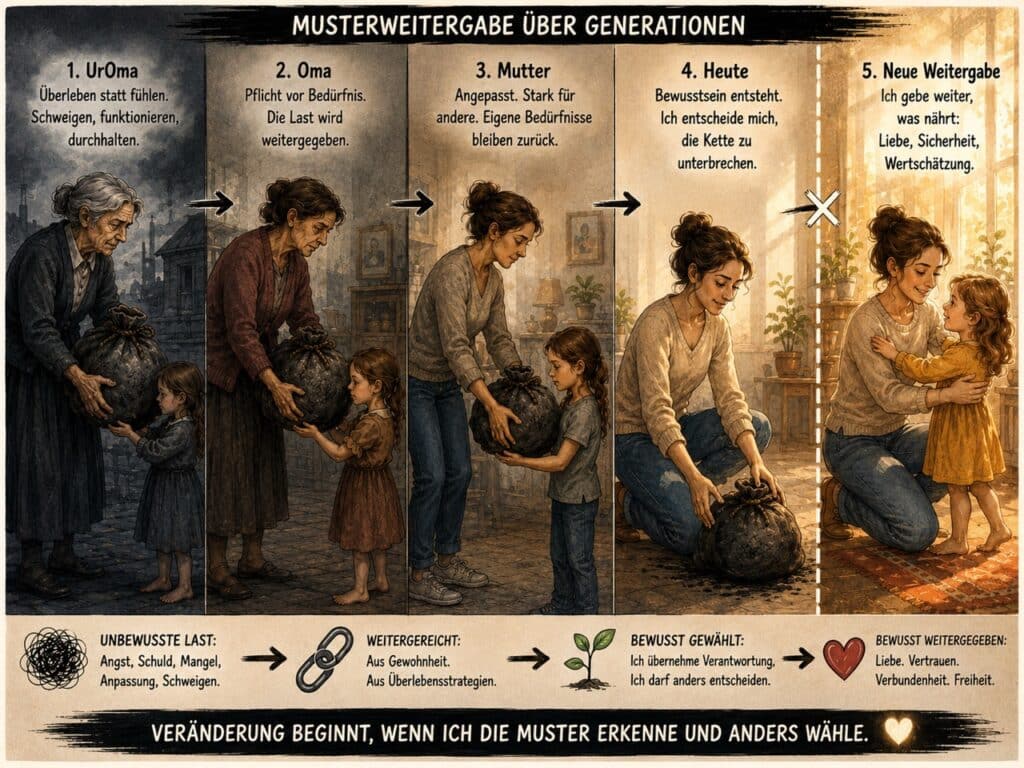 Reaktionsmuster in der Beziehung zwischen Mutter und Tochter. Weitergabe der Muster über Generationen hinweg anhand dieses KI Bildes dargestellt.