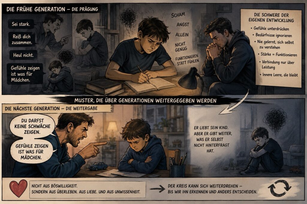Reaktionsmuster in der Beziehung zwischen Vater und Sohn. Weitergabe der Muster über Generationen hinweg anhand dieses KI Bildes dargestellt.